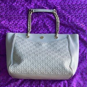 Tory Burch Grey Quilted Tote with Chain Straps